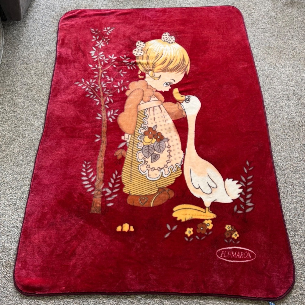 Large 88"x 62" Precious Moments Blanket Girl Goose/Duck Maroon Mink Plush RARE!!